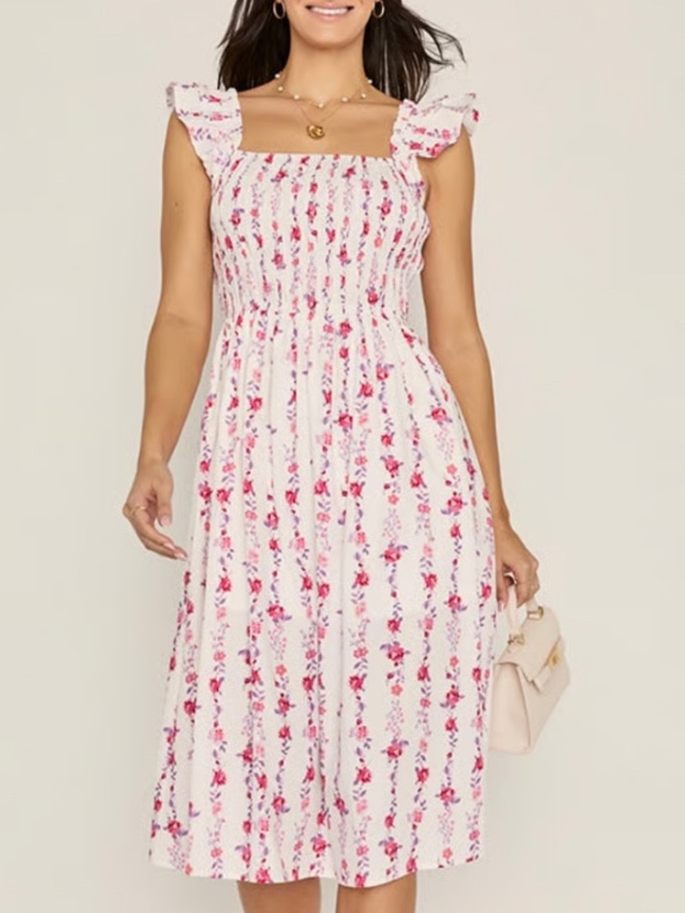 Francesca’s Floral Smocked Midi Dress Pink & White Size M